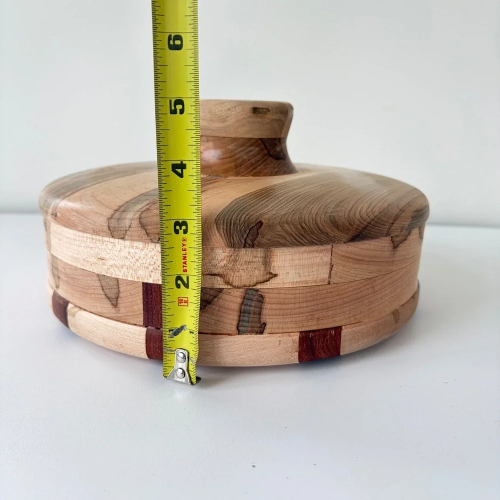 Handmade Segmented Wood Lidded Bowl Lattice Inlay Spalted Maple Trinket Box 9.5